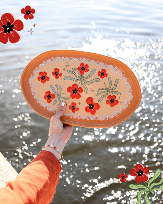 Grote Ovale Schaal Oranje met Bloemen